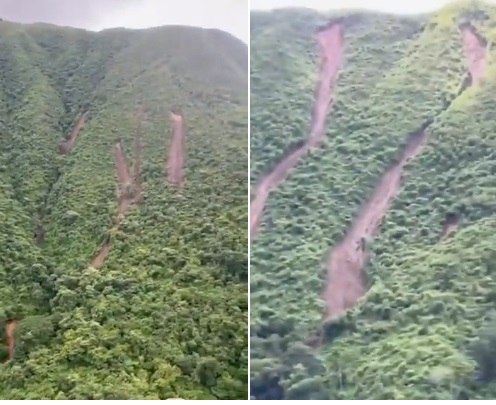 Shallow landslides with long debris trails in the catchment of the Rio Las Tejerías. 