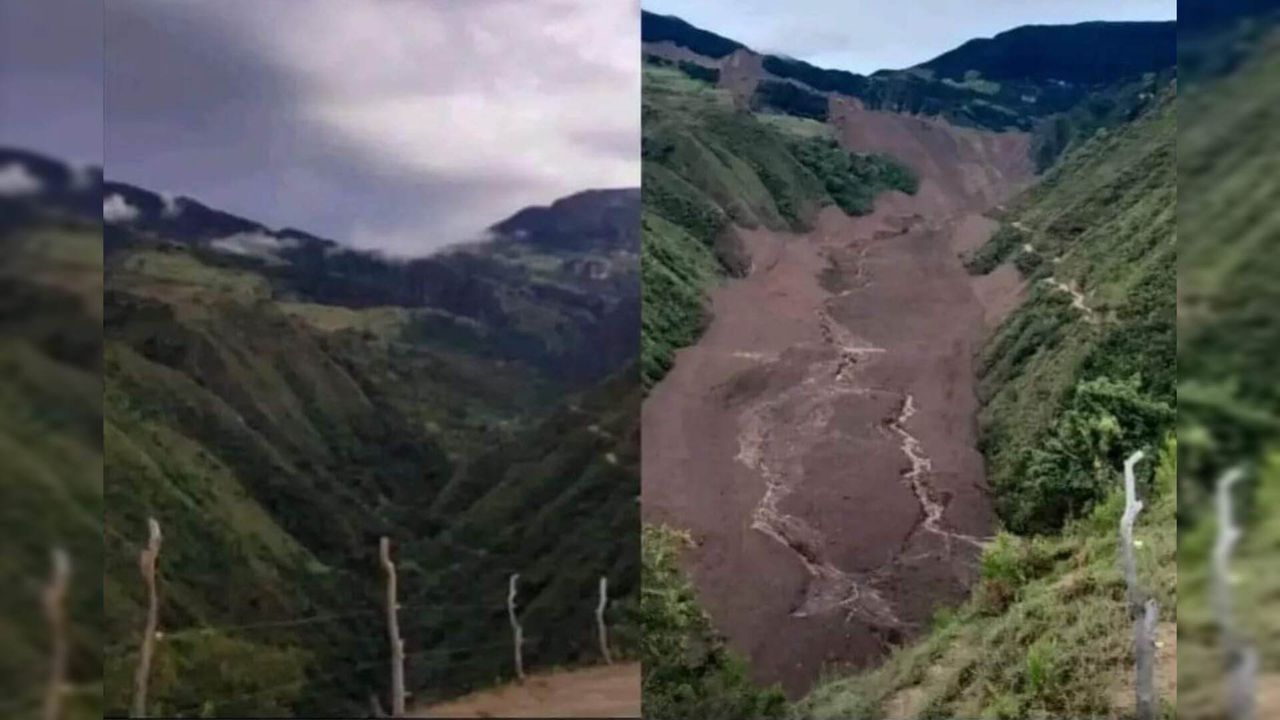Before and after image of the landslide at El Molino in Colombia. 