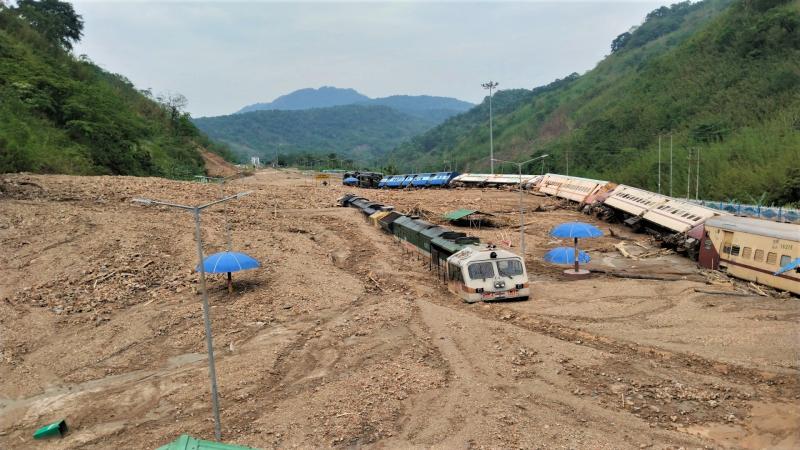 Trains buried by landslides at Haflong station on 14 May 2022.