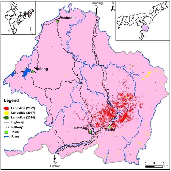The distribution of landslides triggered by heavy rainfall in May 2022 in the Dima Hsao district of India, together with landslides from 2014 and 2017. 