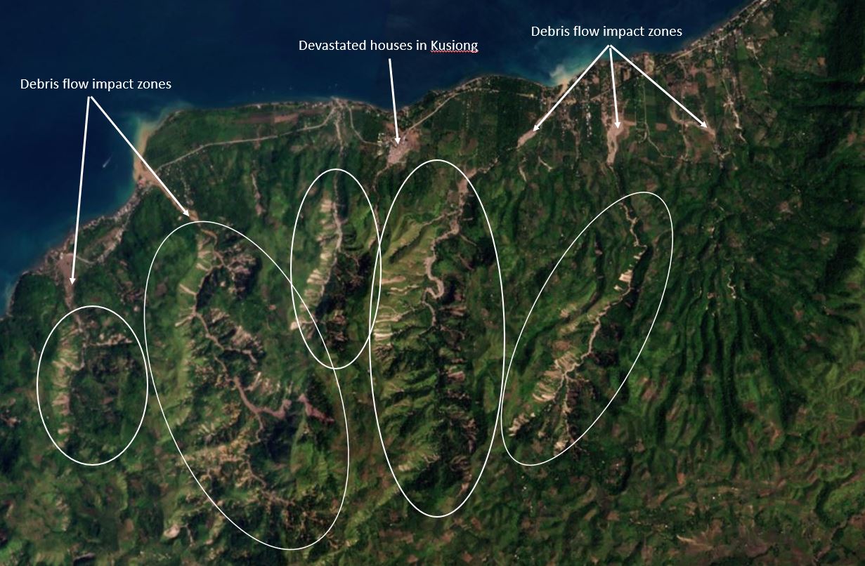 Annotated satellite image of the aftermath of the Kusiong landslides.  
