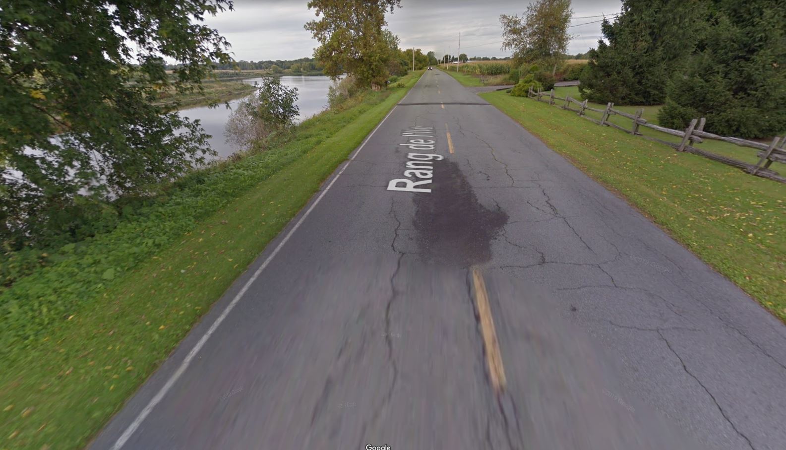 Google Street View imagery from 2014 showing the site of the 1 November 2022 landslide at Pierreville, Canada. 