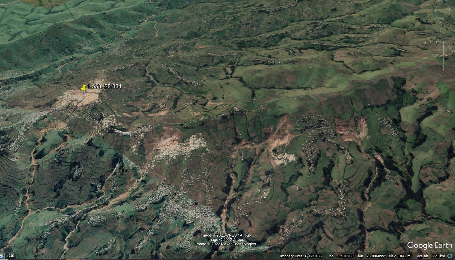 Google Earth imagery of the Coltan mines in the area of Rubaya in the Democratic republic of Congo.