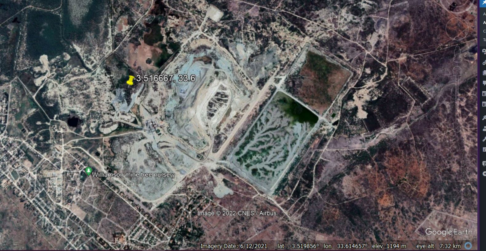 Google Earth image of the Williamson Mine in Tanzania. Note the tailings storage facility on the centre right of the image.