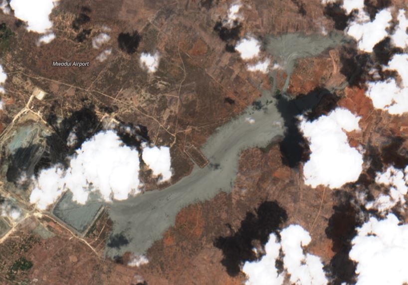 Sentinel 2 image of the site of the tailings dam breach at the Williamson Mine in Tanzania.