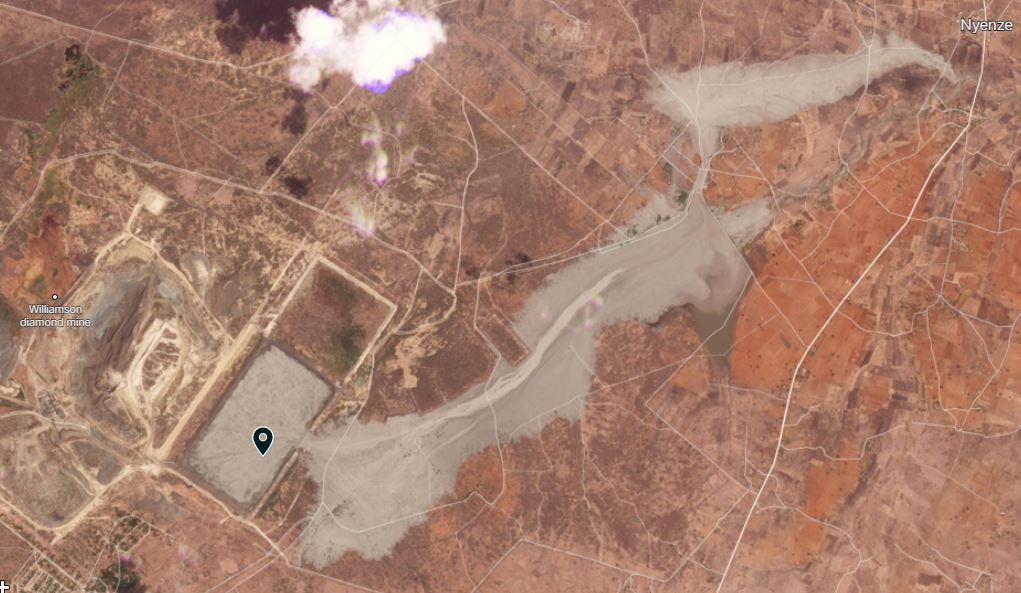 Planet Labs image of the plume from the Williamson Diamond Mine tailings dam failure in Tanzania.  