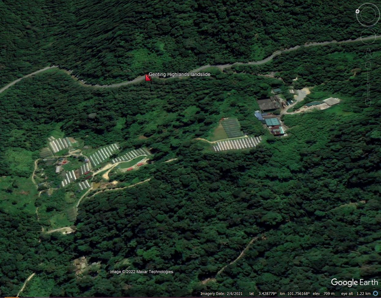 Google Earth image of my interpretation of the site of the 16 December 2022 landslide at Genting Highlands in Malaysia.
