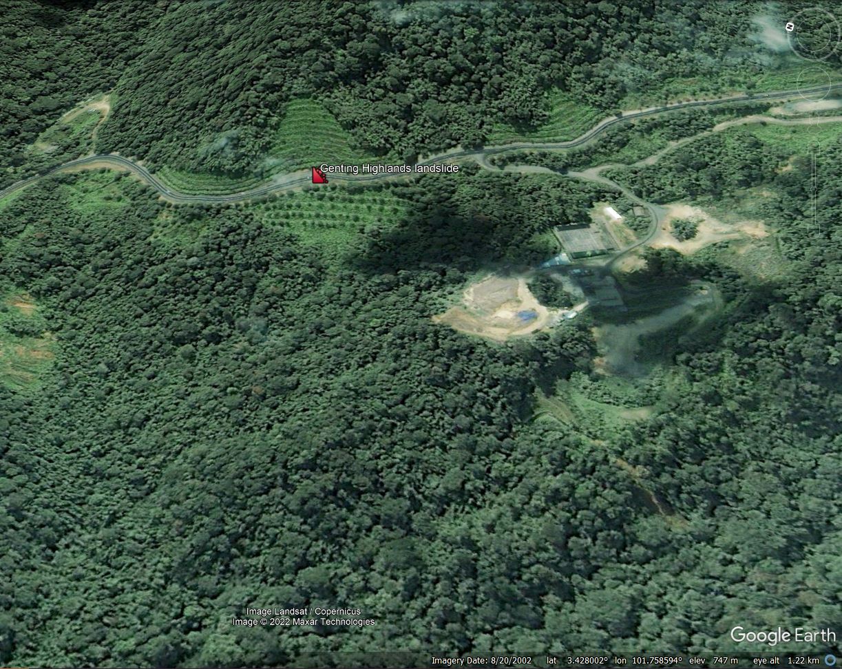 Archive Google Earth image, from 2002, of my interpretation of the site of the 16 December 2022 landslide at Genting Highlands in Malaysia.