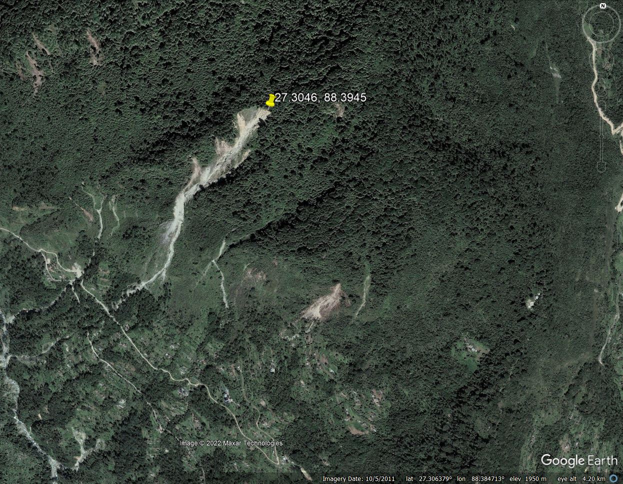 Google Earth image of the Gaguney landslide in India, collected in 2011.