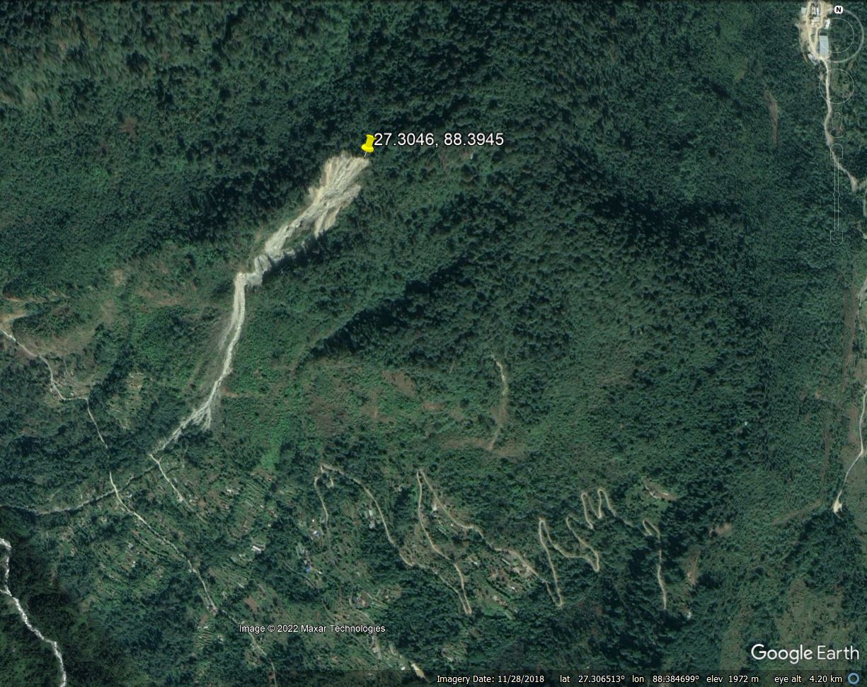 Google Earth image of the Gaguney landslide in India, collected in 2020.