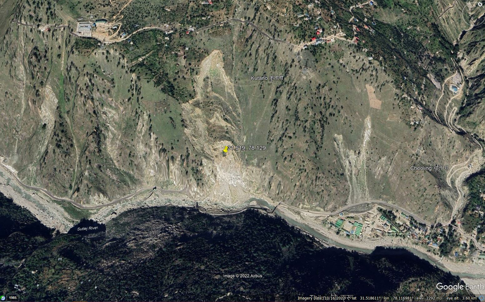 Google Earth image of the Urni landslide in Kinnaur, India.
