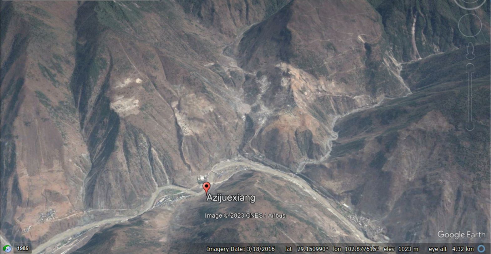 Google Earth image of the location of the Azijue debris flow, collected in March 2016.