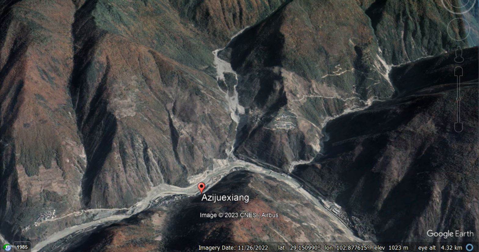Google Earth image of the aftermath of the Azijue debris flow, collected in November 2022.
