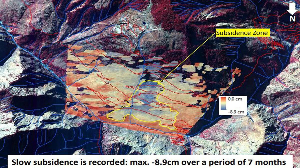 ISRO InSAR map of deformation at Joshimath over a seven month period to November 2022.