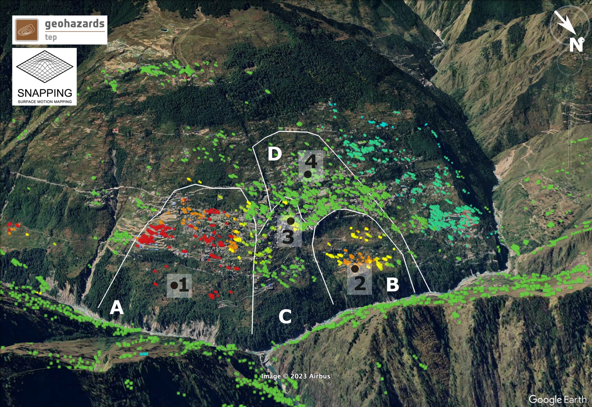3-Dimensional view of the Joshimath slope with the SNAPPING Full Resolution PSI results overlaid (background Google Earth). The location of the active units (A, B, C, D) are delimited by white lines. The location of selected PSI targets 1, 2, 3 and 4 are also indicated. 