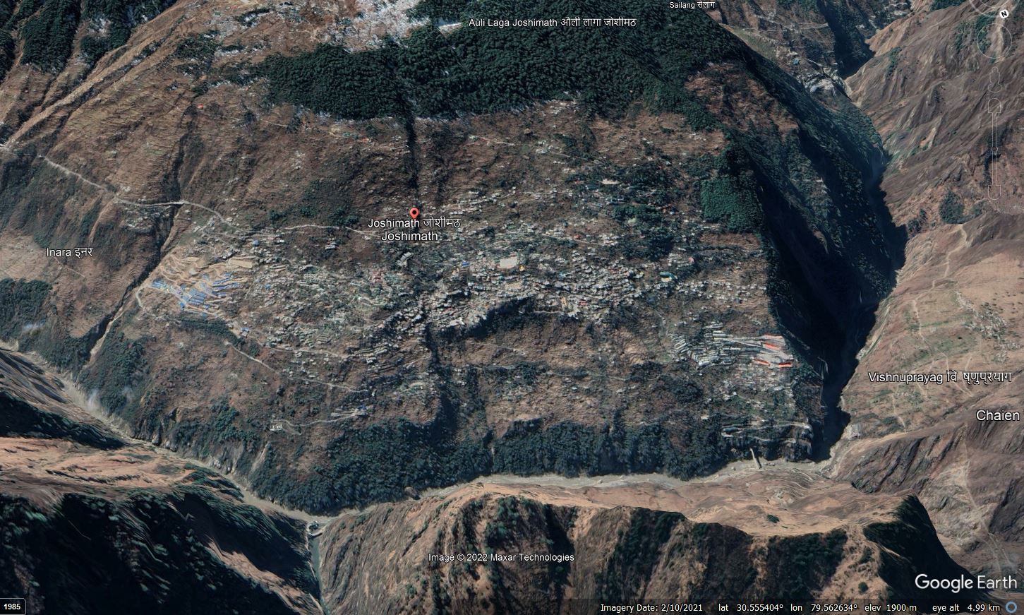 Google Earth image of the town of Joshimath in northern India. 