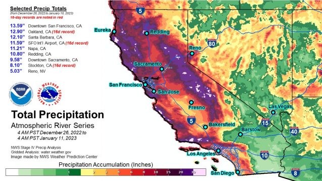 NOAA map of the distribution of precipitation in California from 26 December 2022 to 11 January 2023.