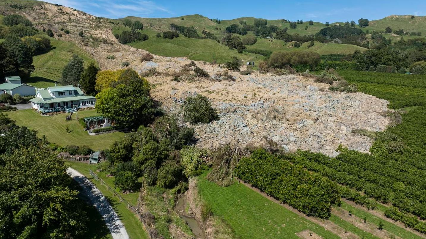 The large landslide at Manutuke in New Zealand, triggered by Cyclone Gabrielle. 