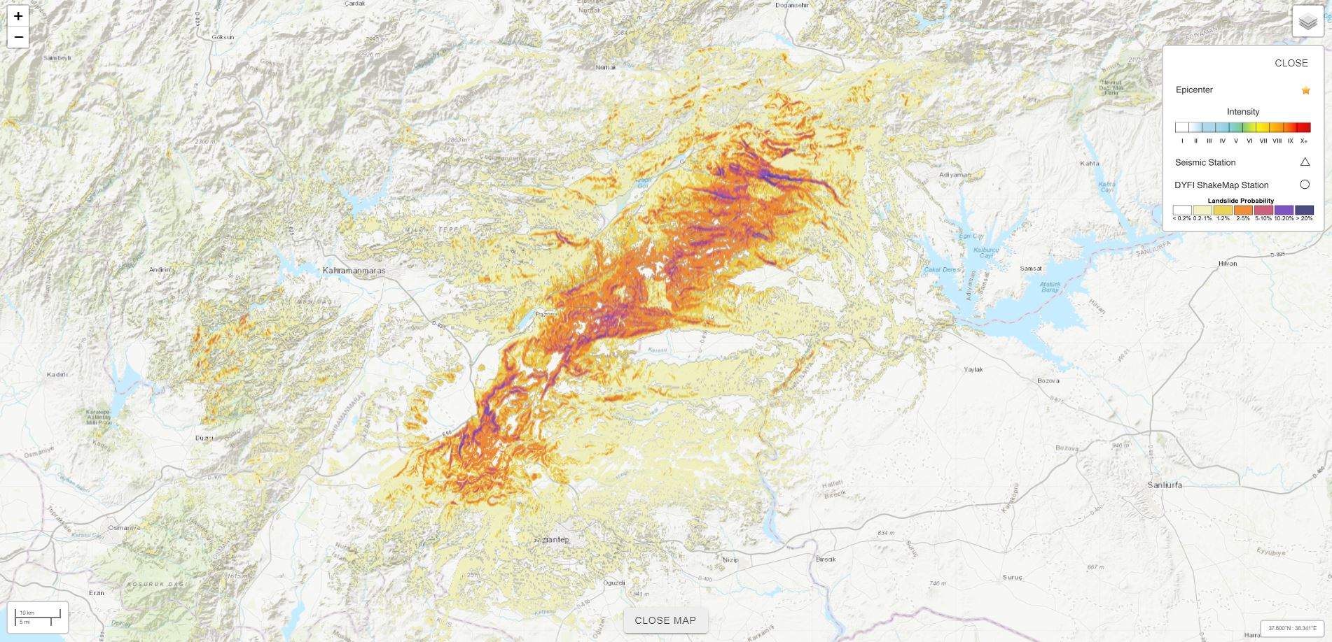 2023년 2월 6일 터키-시리아 지진에 대한 USGS 산사태 확률 지도.