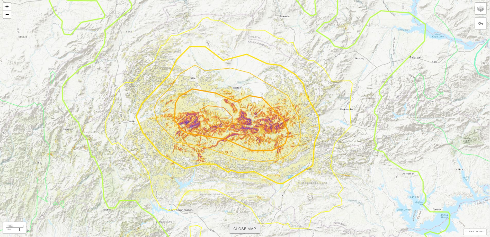2023년 2월 6일 Mw=7.5 터키-시리아 지진에 대한 USGS 산사태 확률 지도.