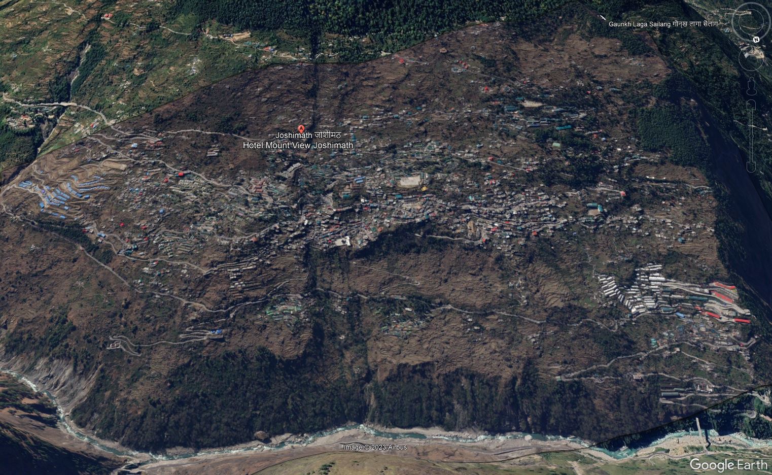 High resolution image of the Joshimath landslide draped onto the Google Earth DEM. 