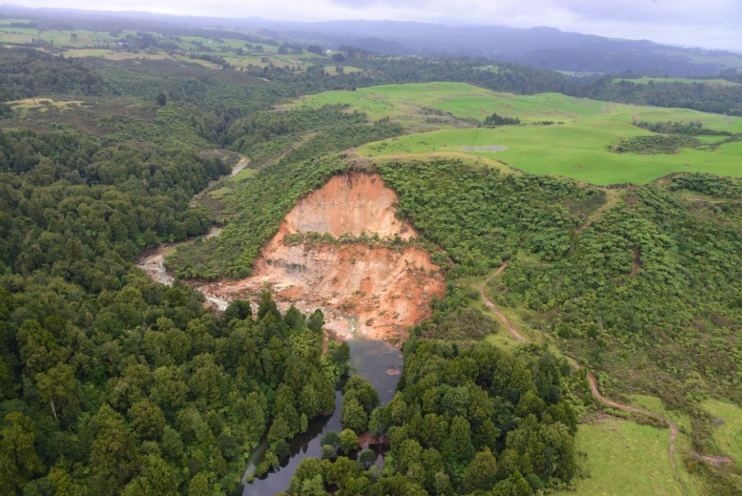 A landslide that blocked the Kaukaumoutiti Stream, northwest of Tauranga in New Zealand, triggered by the recent heavy rainfall.
