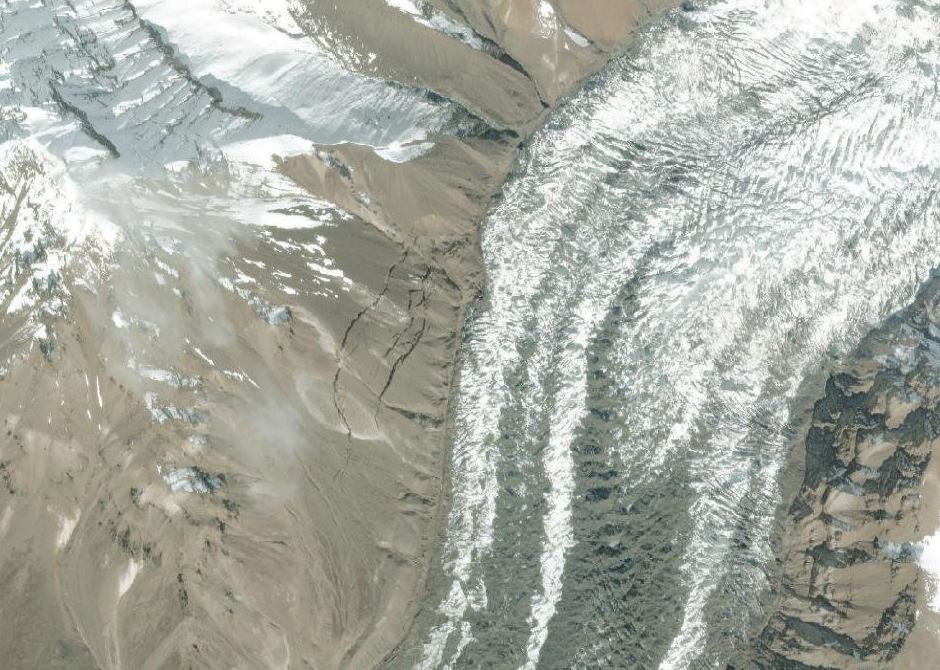 A landslide on a tributary of the Klutlan Glacier in Alaska.