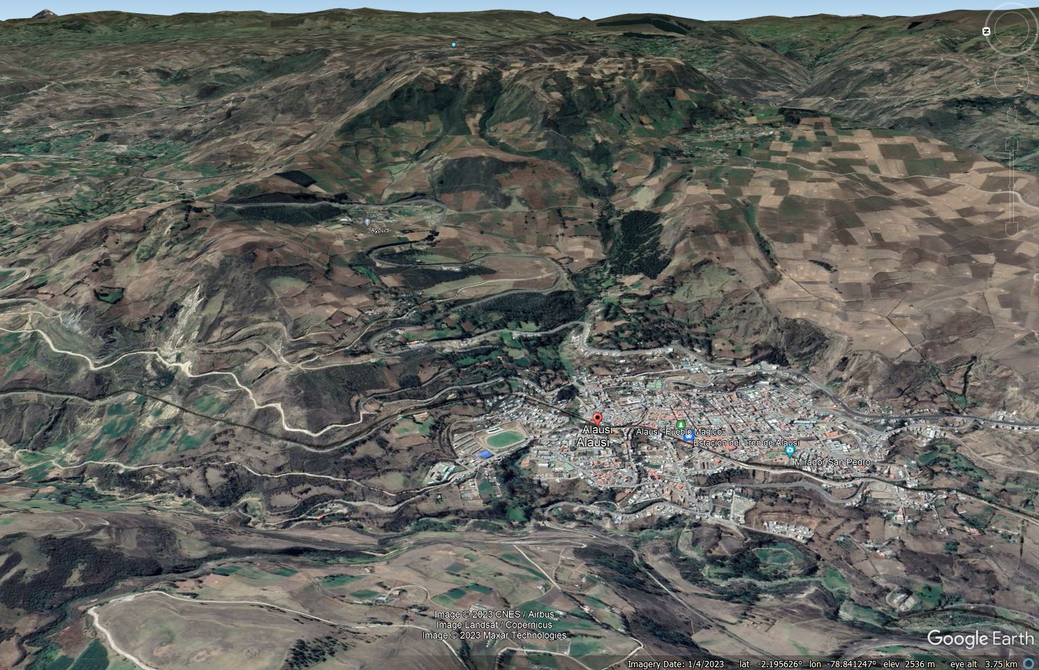 Google Earth image of the landscape around Alausí in Ecuador.
