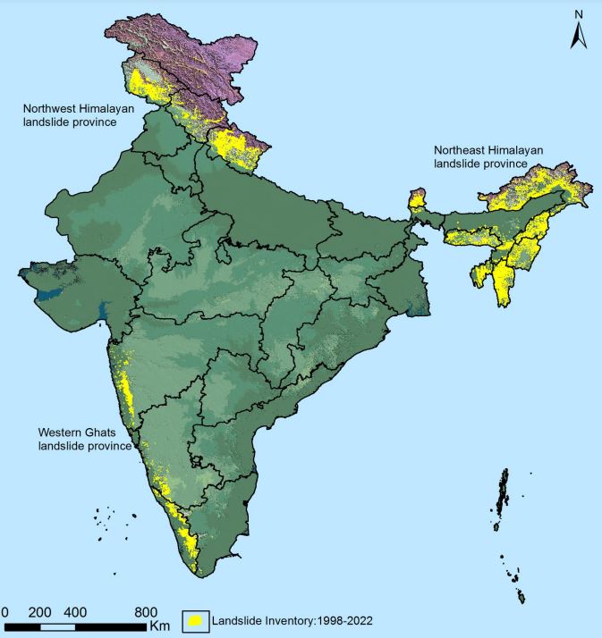 A map showing all of the identified landslides in India. 