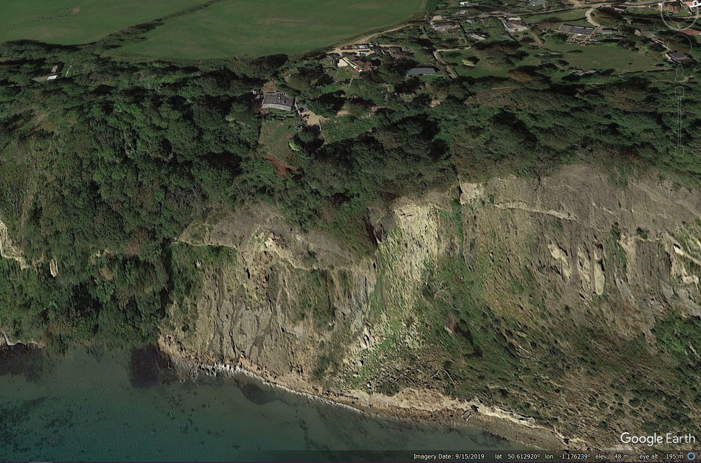 oogle Earth image of the site of the landslide at Luccombe on the Isle of Wight.