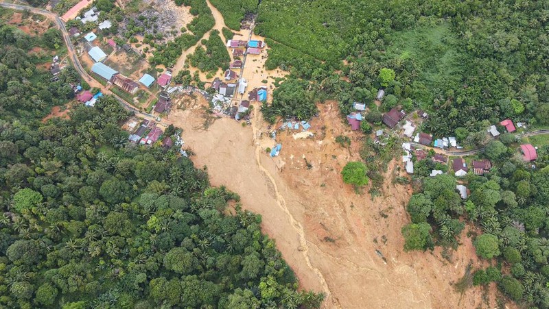 Vertical aerial image of the lower portion of  the 6 February 2023 landslide at Natuna in Indonesia. 