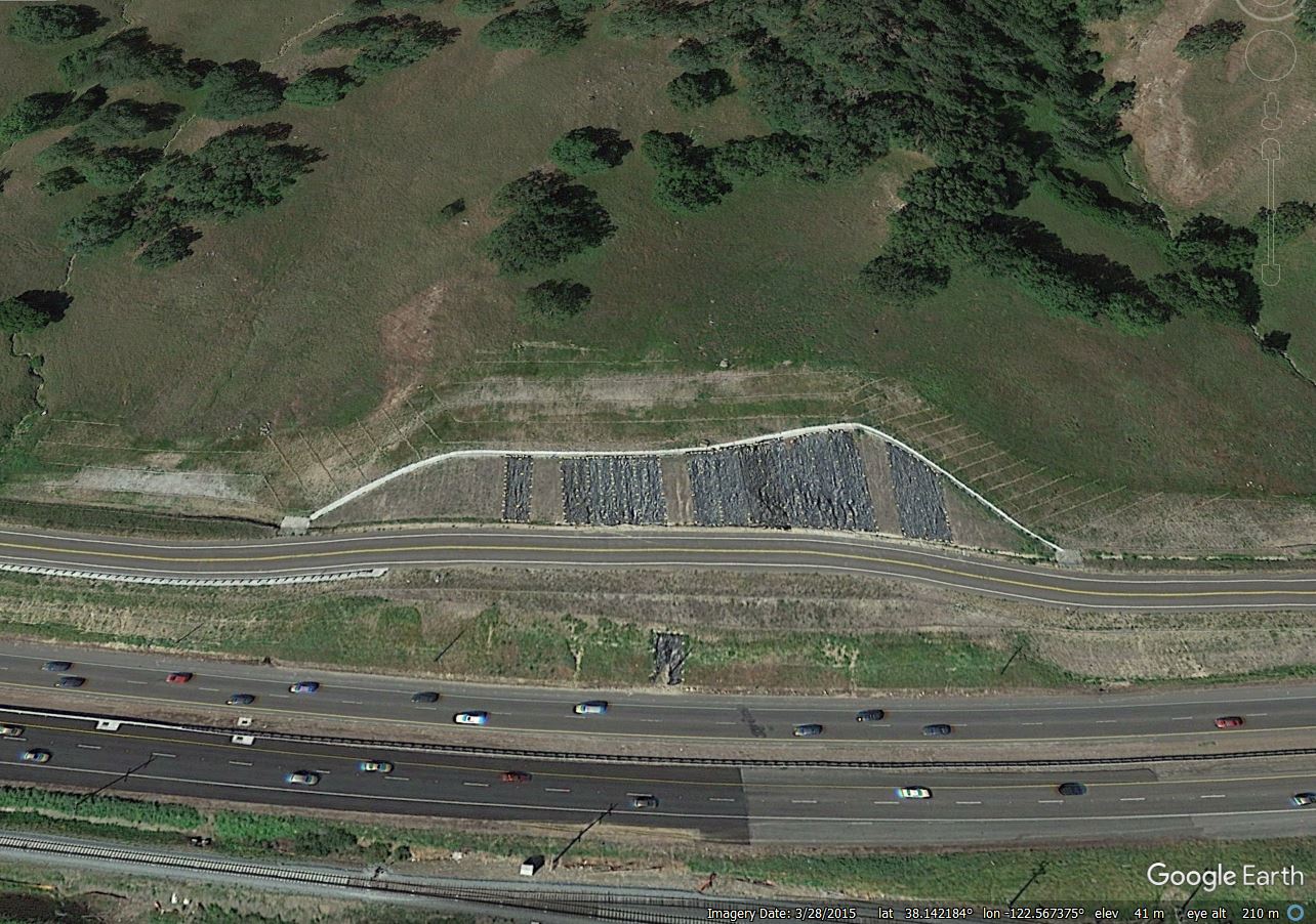 Google Earth image of the site of the landslide at Novato, California in March 2015, showing engineering works underway at the site.