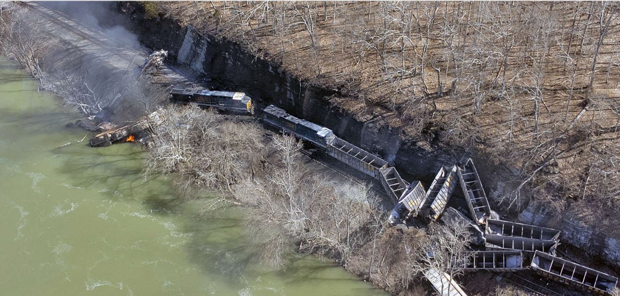 The aftermath of the 8 March 2023 rockslide and train derailment near to Sandstone in West Virginia.