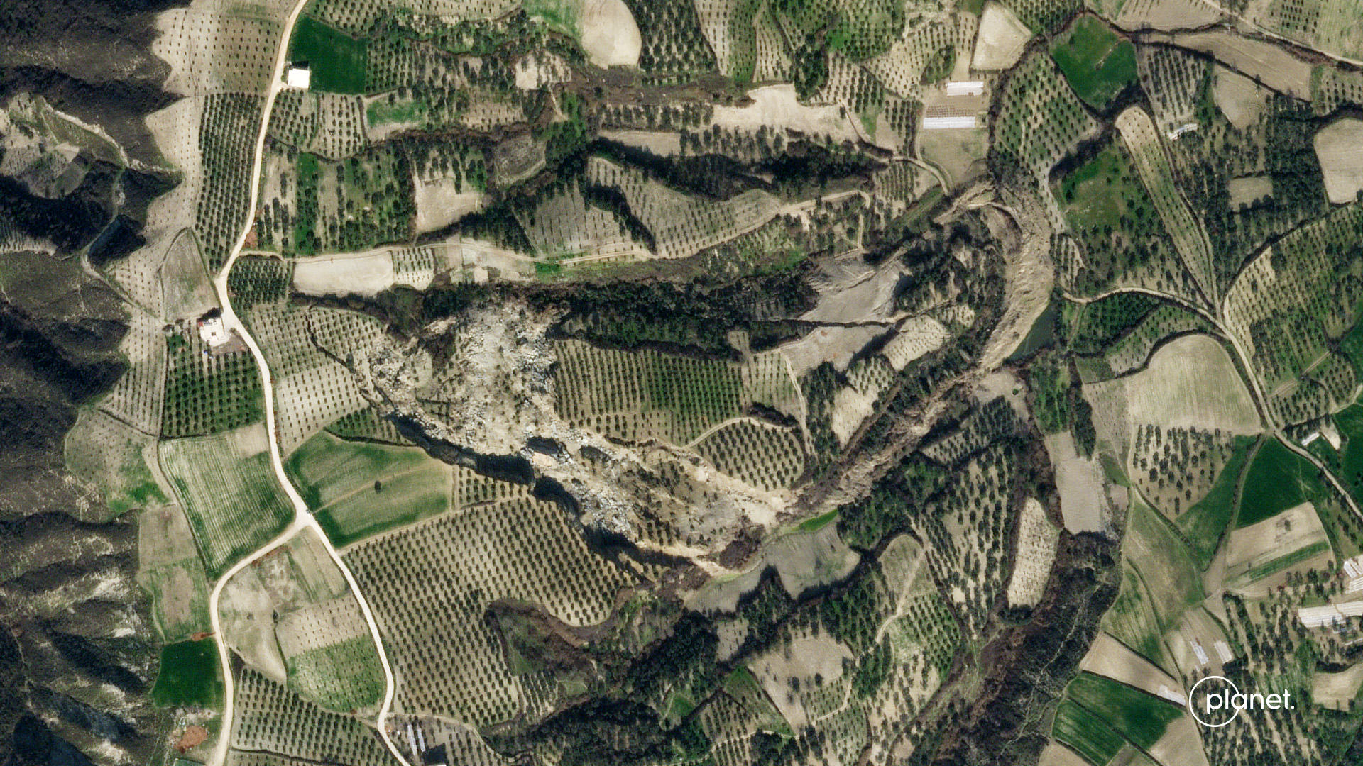 Satellite image of the landslide in an olive grove near to Tepehan in Hatay, Turkey. 