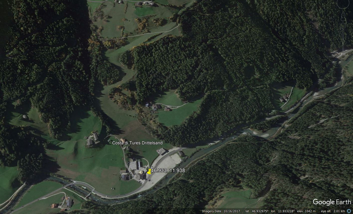 Google Earth view of the site of the 24 April 2023 rockslide at Sand in Taufers, Italy