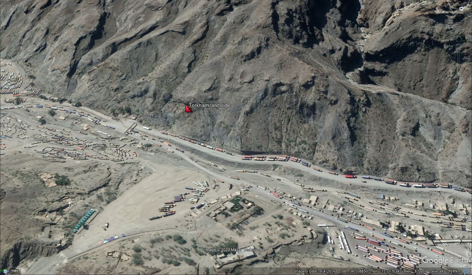 Archive (2016) Google Earth view of the site of the 18 April 2023 landslide at Torkham in Pakistan.