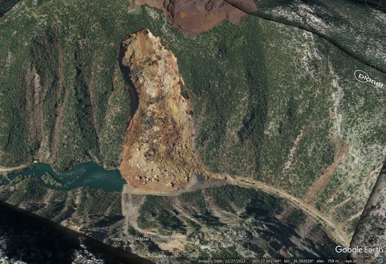 Satellite image of the valley-blocking landslide near Islahiye, Turkey, draped onto the Google Earth DEM. 