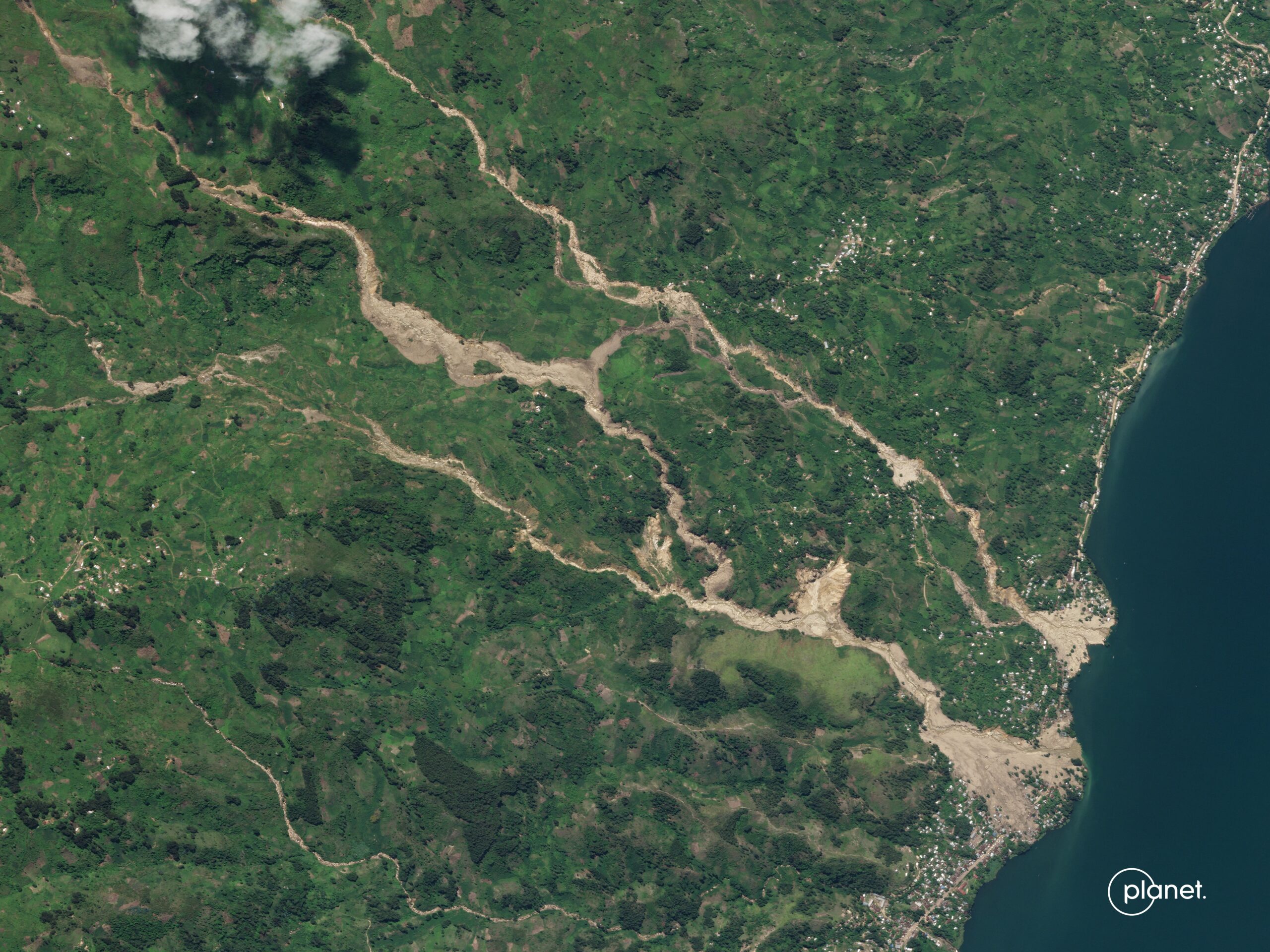 Planet SkySat image of the Lake Kivu landslides in the Democratic Republic of Congo.  This image shows the area upstream of Chabondo.  Image copyright Planet, used with permission. 