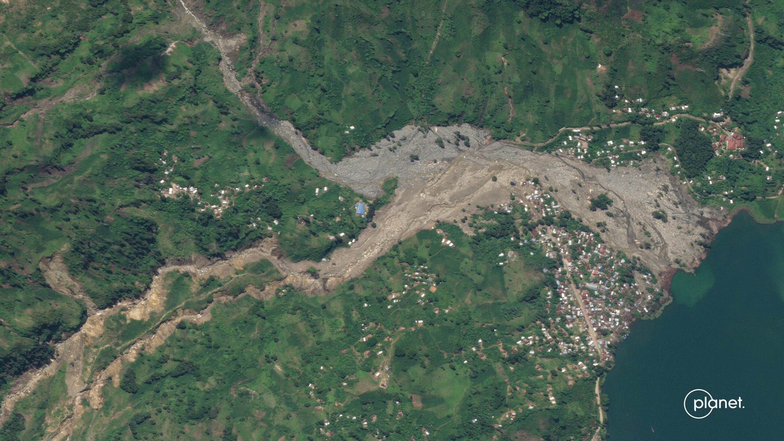 Planet SkySat image of the Lake Kivu landslides in the Democratic Republic of Congo.  This image shows the area around Nyabibwe