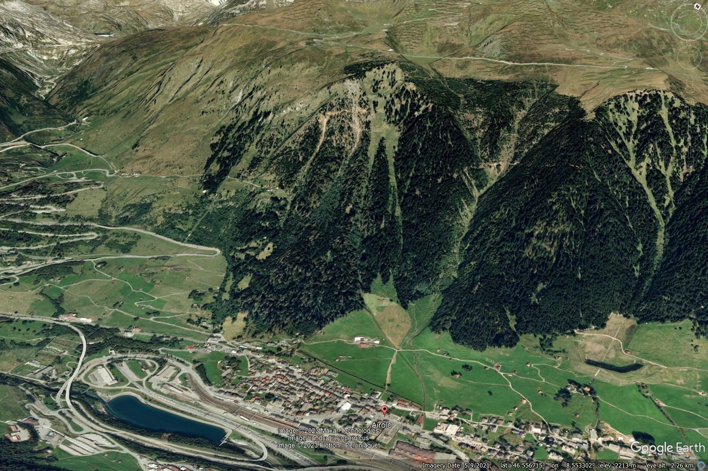 Google Earth image of the site of the 27 December 1898 Sasso Rosso landslide at Airolo. 