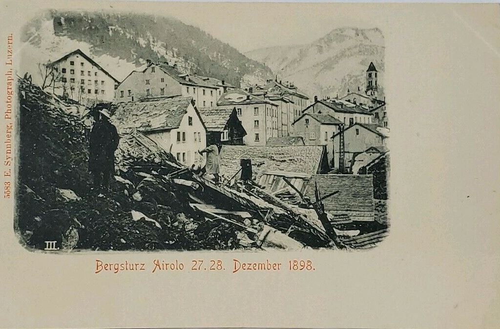 Contemporary postcard showing the aftermath of the 27 December 1898 Sasso Rosso landslide at Airolo. 
