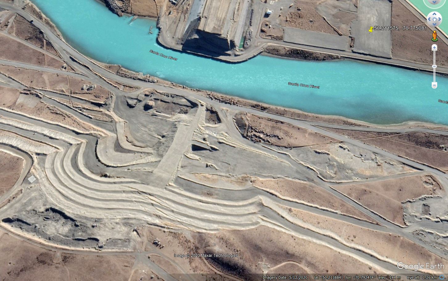 Google Earth image of the groundworks at the Cóndor Cliff Dam in Argentina in May 2020.