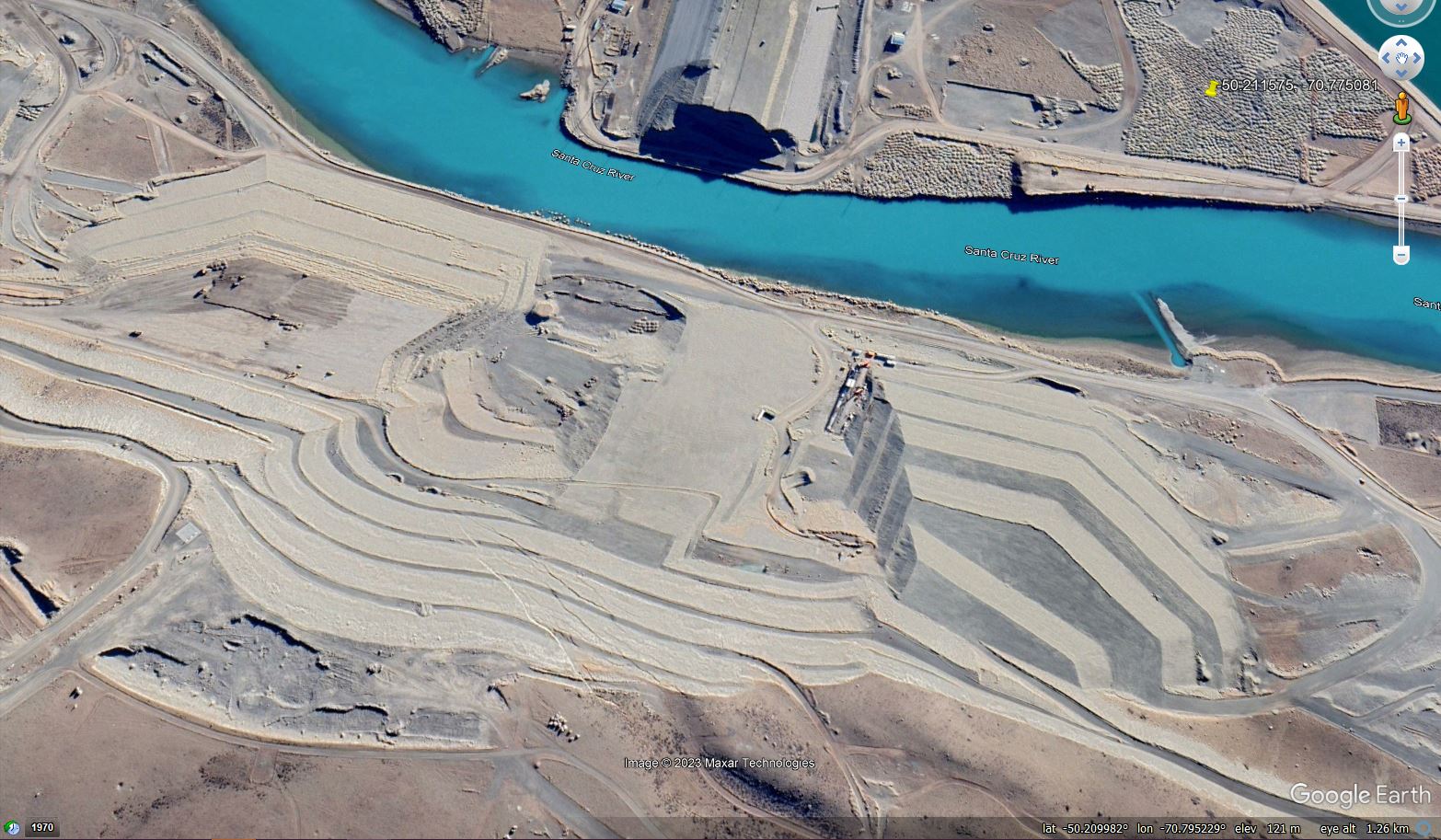 Google Earth image of the groundworks at the Cóndor Cliff Dam in Argentina, possibly in May 2022.