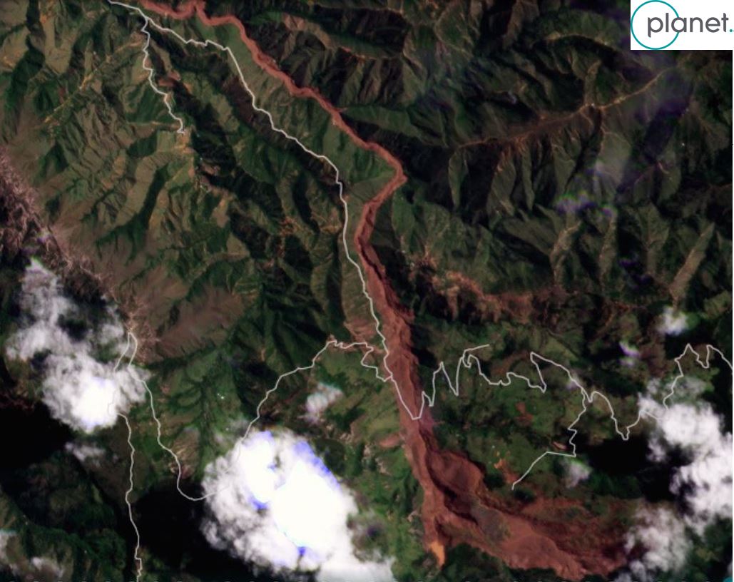 The El Molino landslide after the breach of the lake, as captured on 31 May 2023. Image copyright Planet, used with permission.