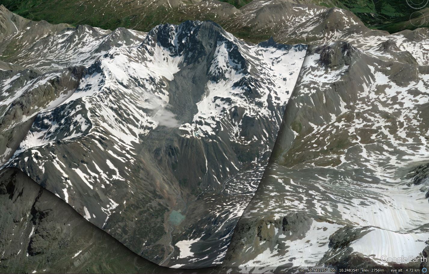 Orthorectified Planet SkySat image of the 11 June 2023 Flüchthorn rock avalanche in Austria, draped onto Google Earth topography. Image, captured on 18 June 2023, copyright Planet, used with permission.