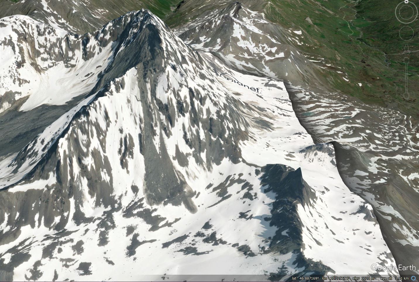 Orthorectified Planet SkySat image of the other face of the Flüchthorn, draped onto Google Earth topography,  showing another small landslide. Image, captured on 18 June 2023, copyright Planet, used with permission.