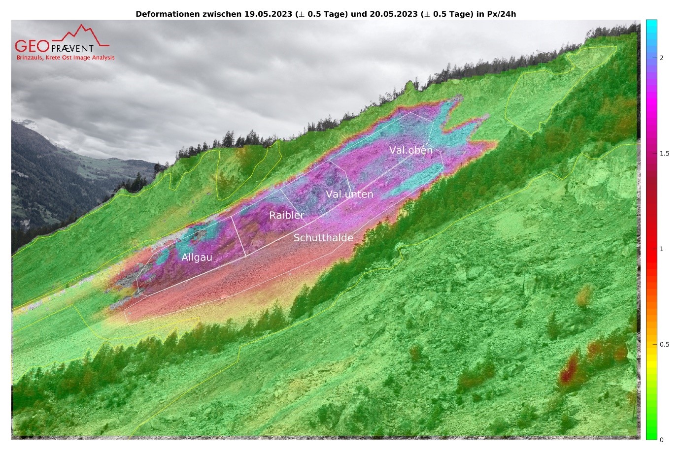 Figure 2: Digital Image correlation from time-lapse camera East looking towards West into “Insel” compartment, composed of Vallatscha dolomites, Raibler dolomites and rauhwackes, and Allgäu schists. Red line marks preliminary schematic interpretation of rupture surface and displacement vector dip angles. Displacement rates in pixel per day between May 19 and May 20, 2023.