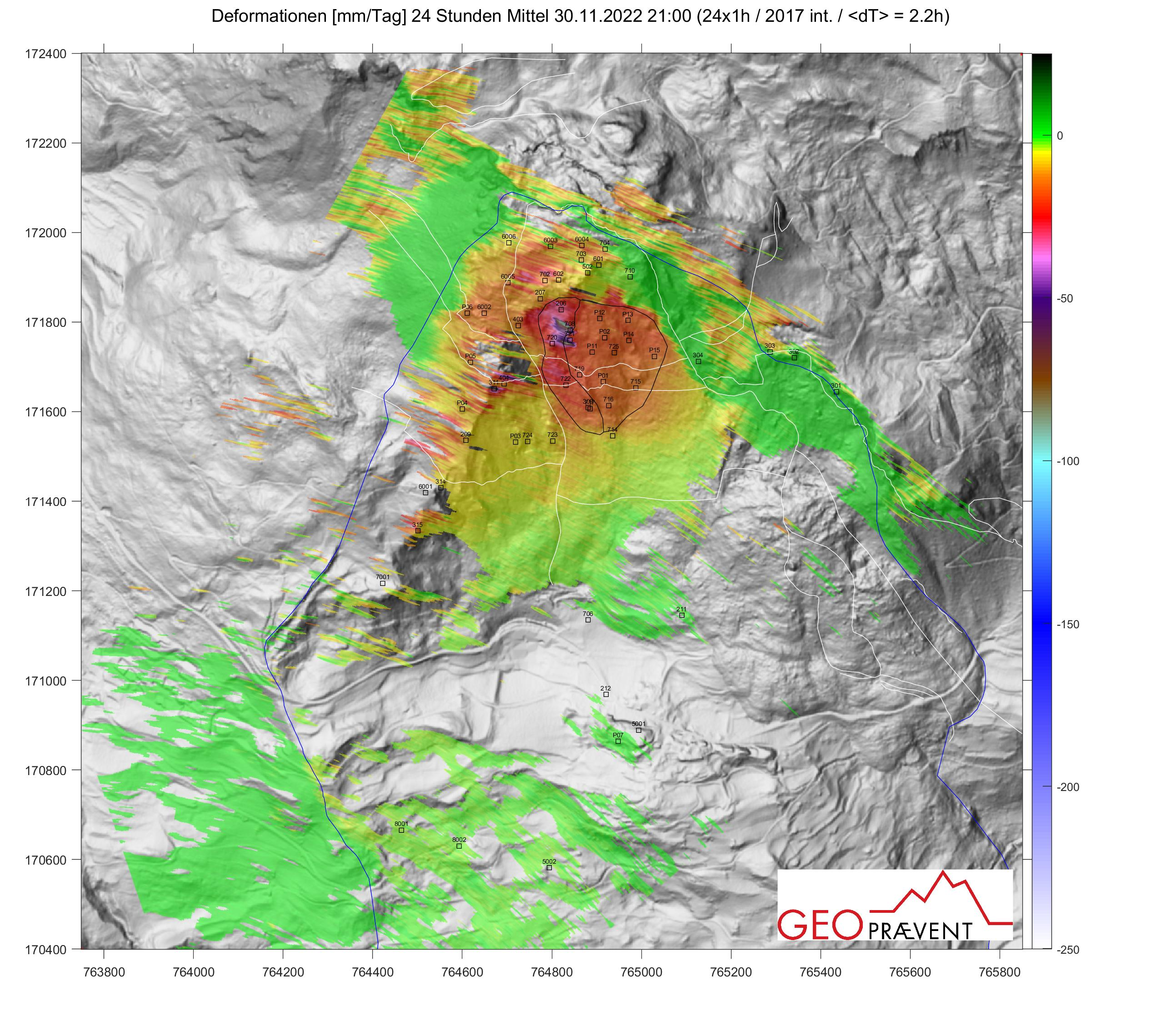 Figure 4: Map view of LOS Displacements on November 30, 2022 from Georadar 24h-AIM Interpretation
