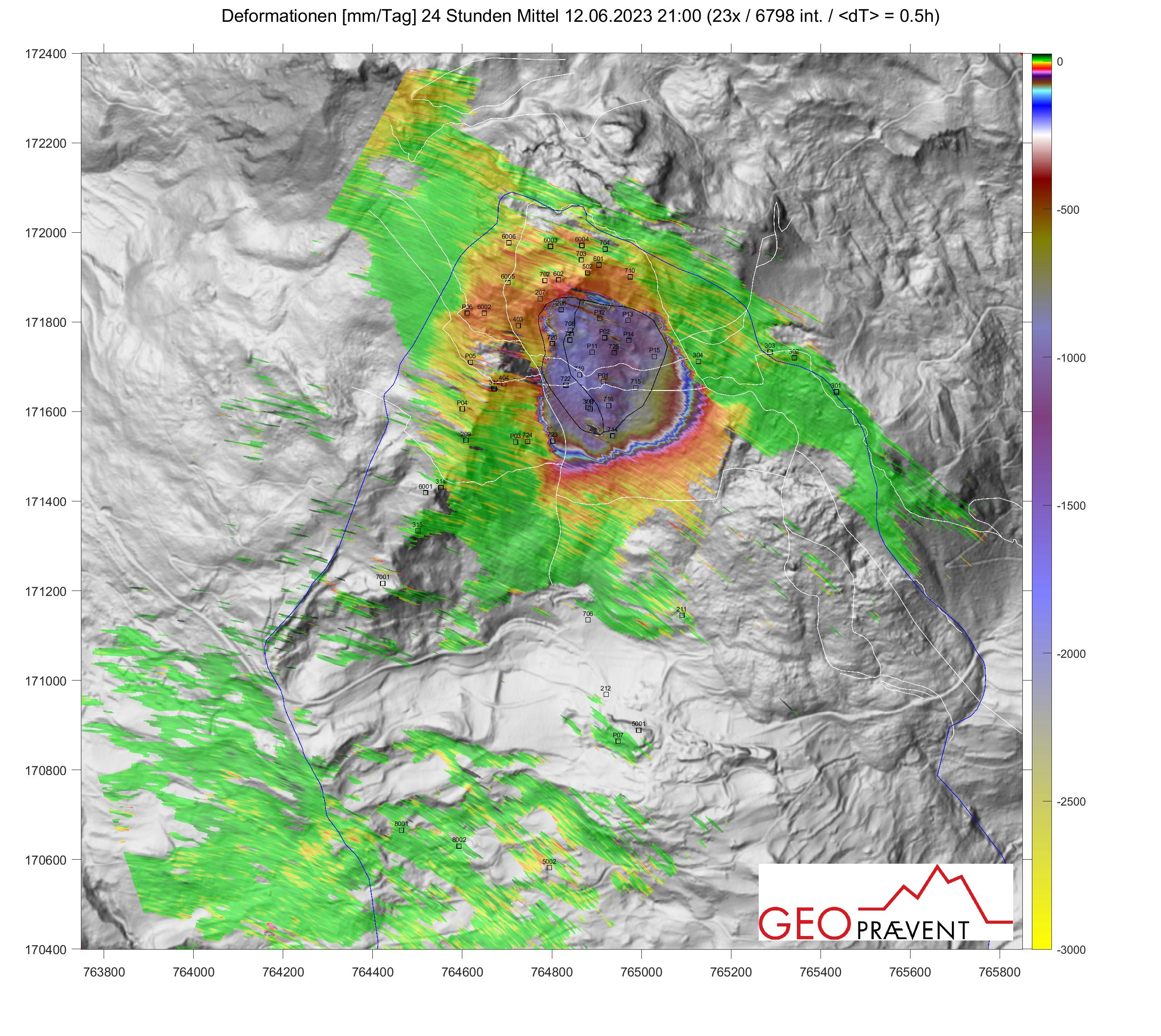 Figure 5: Map view of LOS displacements on June 12, 2023 from Georadar 24h-AIM interpretation