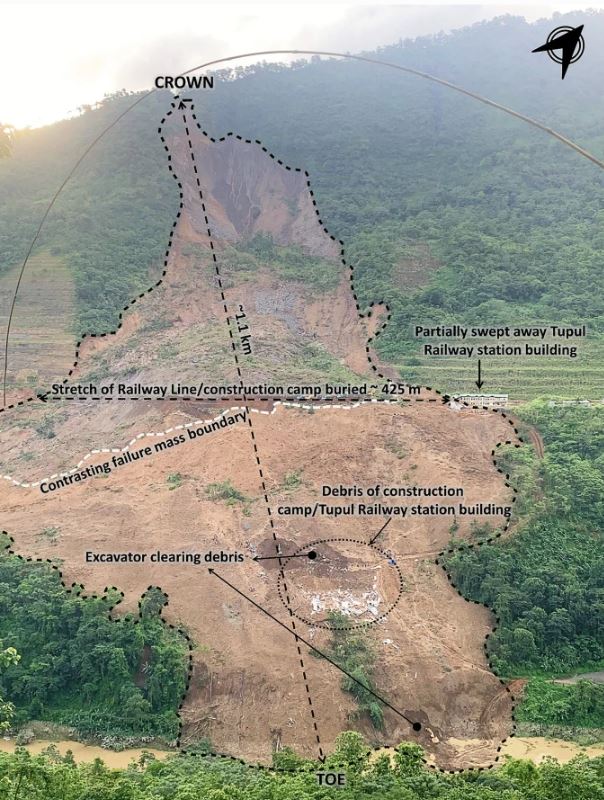 Annotated image of the 30 June 2022Tupul, Manipur landslide in India. I